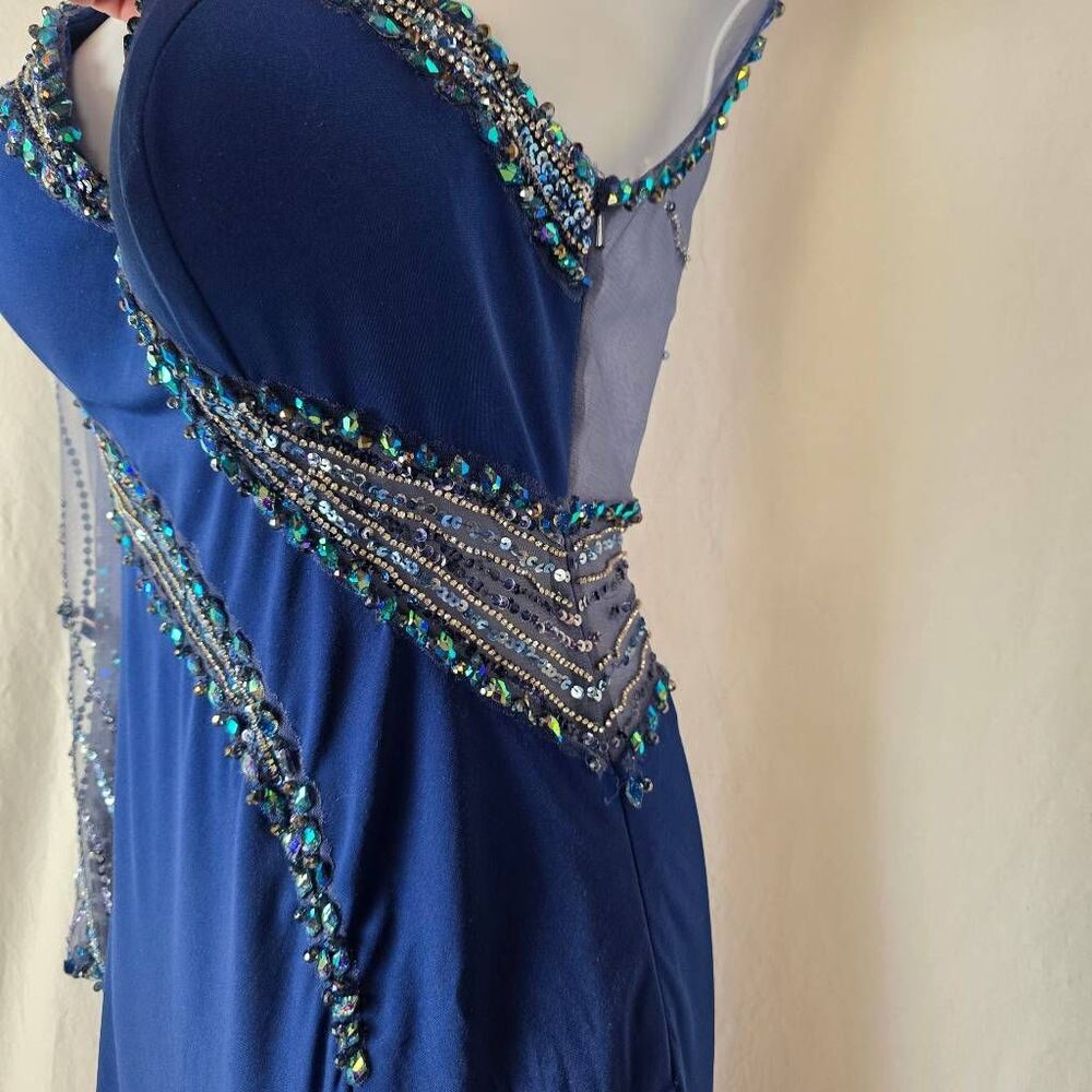 TONY BOWLS Blue Beaded One Shoulder Prom Gown - Picture 11 of 16